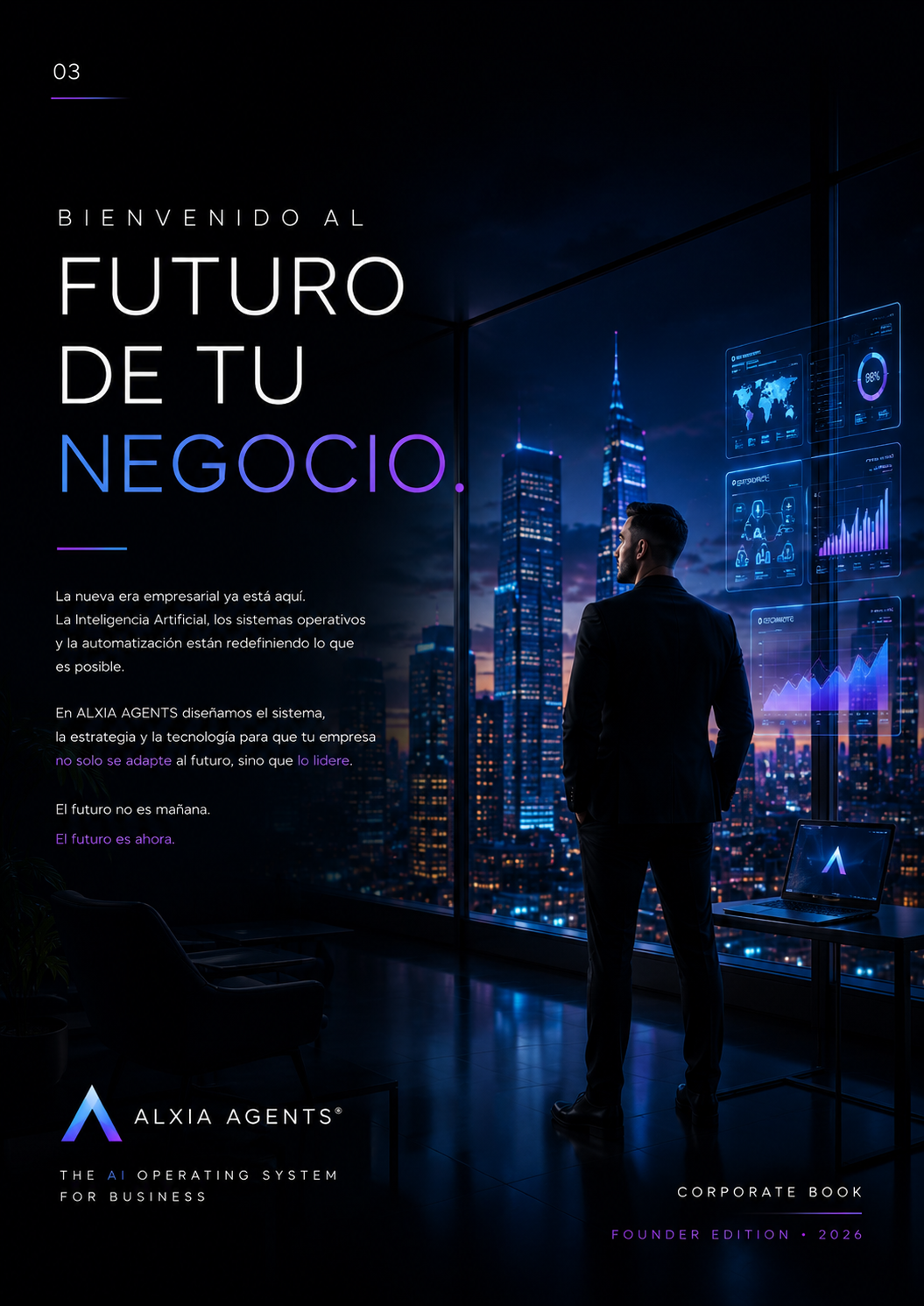 Skyline futurista con dashboards de IA